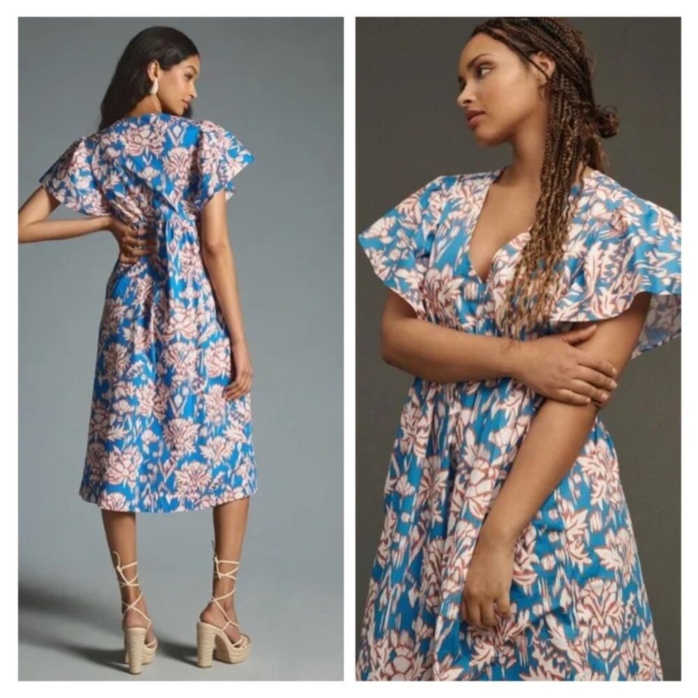 NWT Anthropologie Maeve Printed Flutter-Sleeve Babydoll Dress Blue